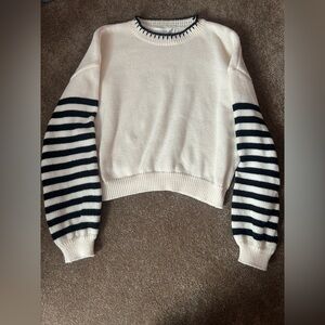 Altar'd State White Sweater with Black Striped Sleeves